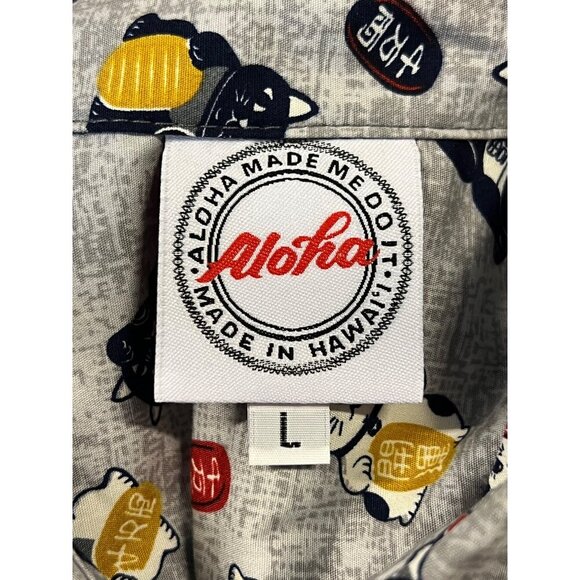 Aloha Made Me Mens Large L Hawaiian Short Sleeve Shirt Maneki Neko Grey Button - Picture 9 of 9